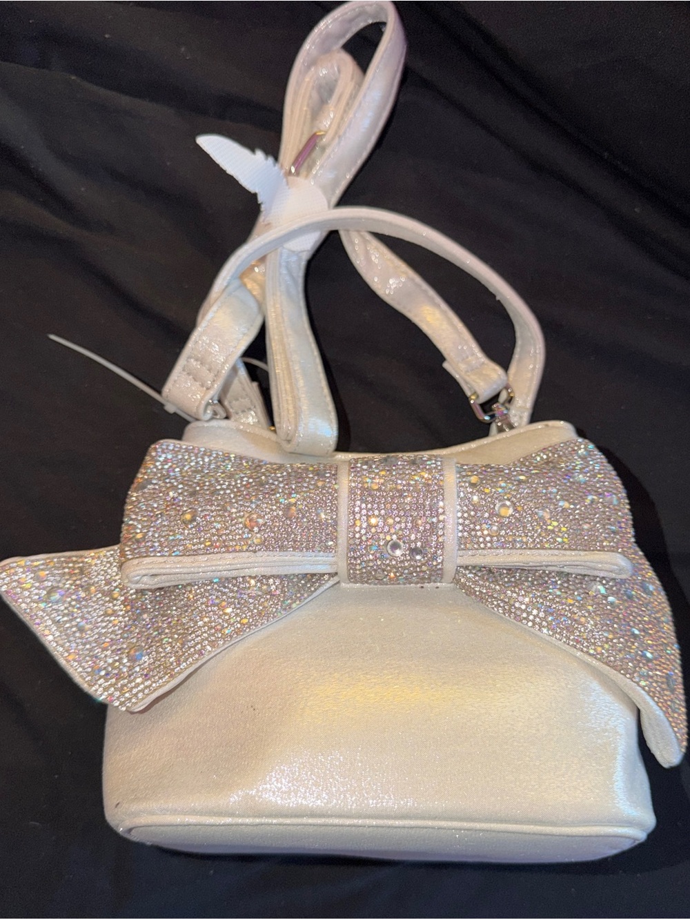Iridescent White Bow Accent Crossbody Bag